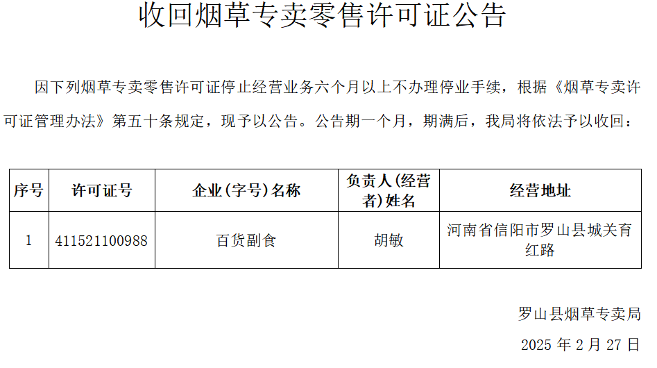 收回烟草专卖零售许可证公告
