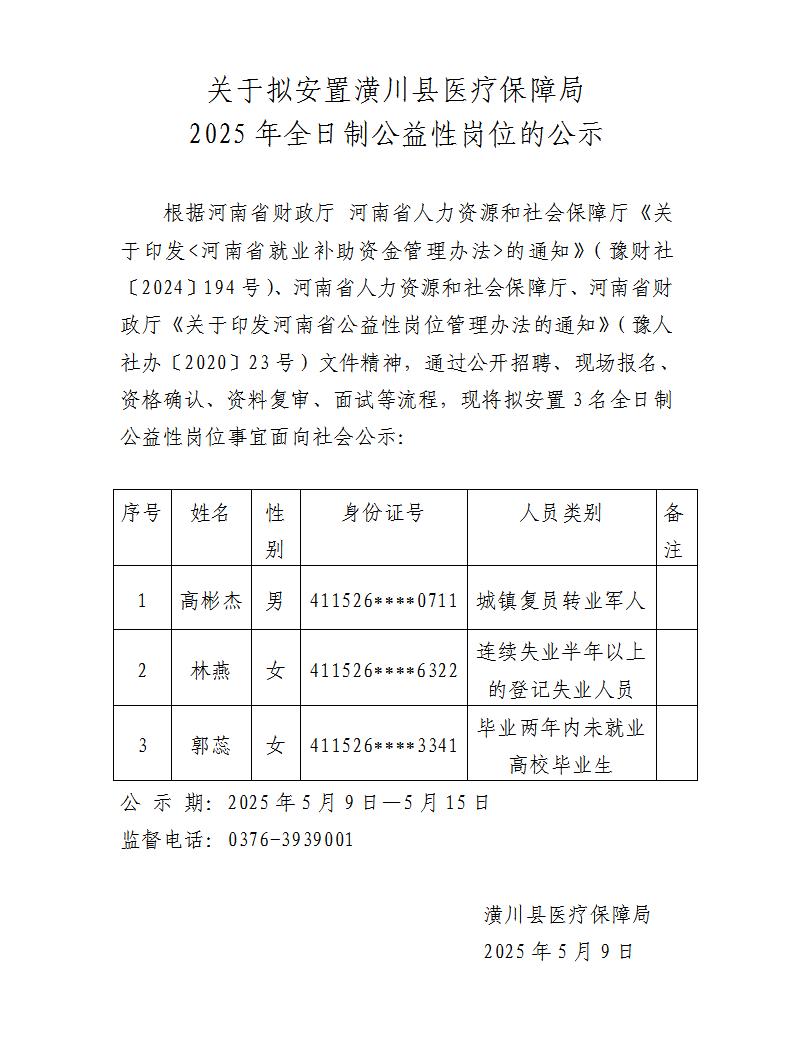 关于拟安置潢川县医疗保障局2025年全日制公益性岗位的公示