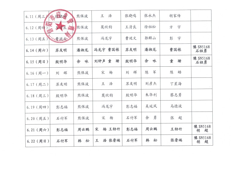 2025年6月份值班安排表