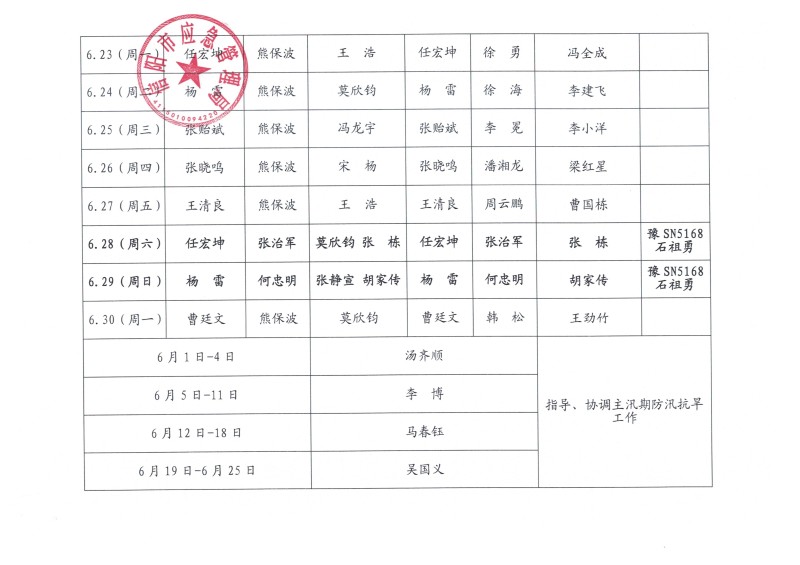 2025年6月份值班安排表