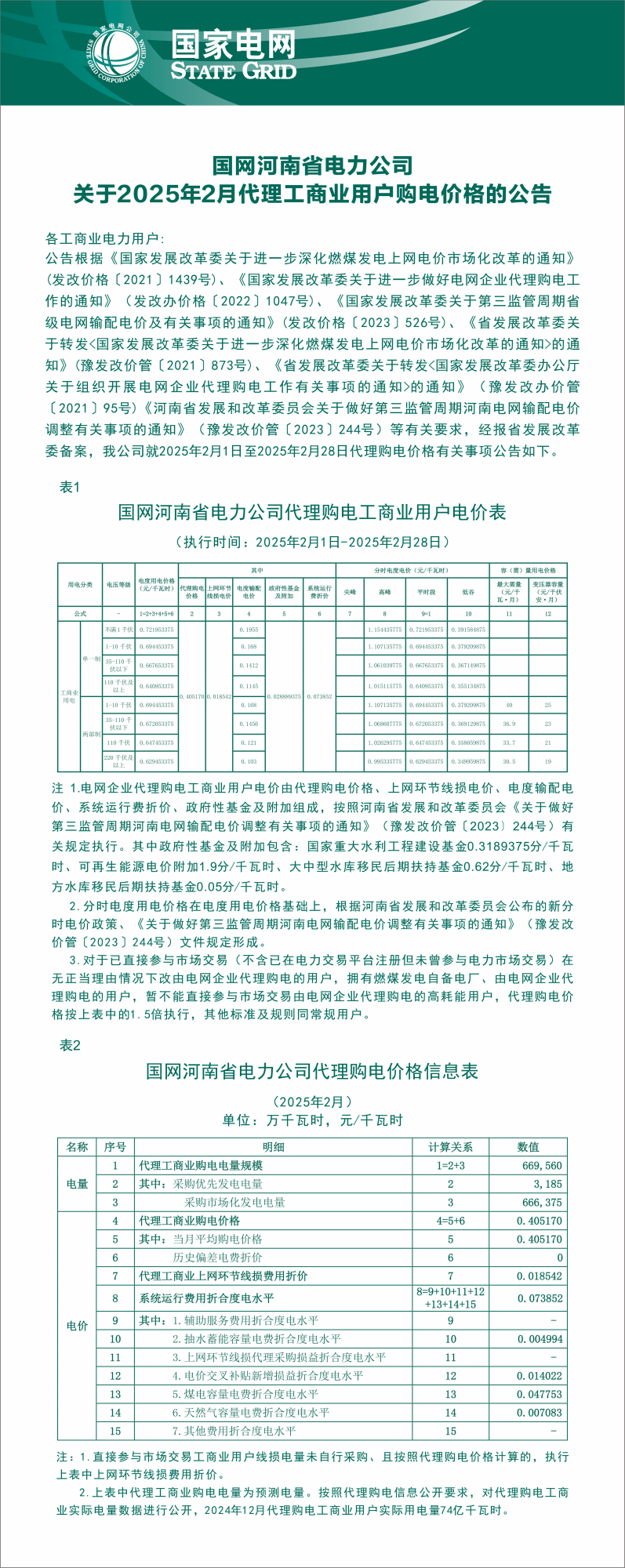 2025年2月代理购电价格公示表公示