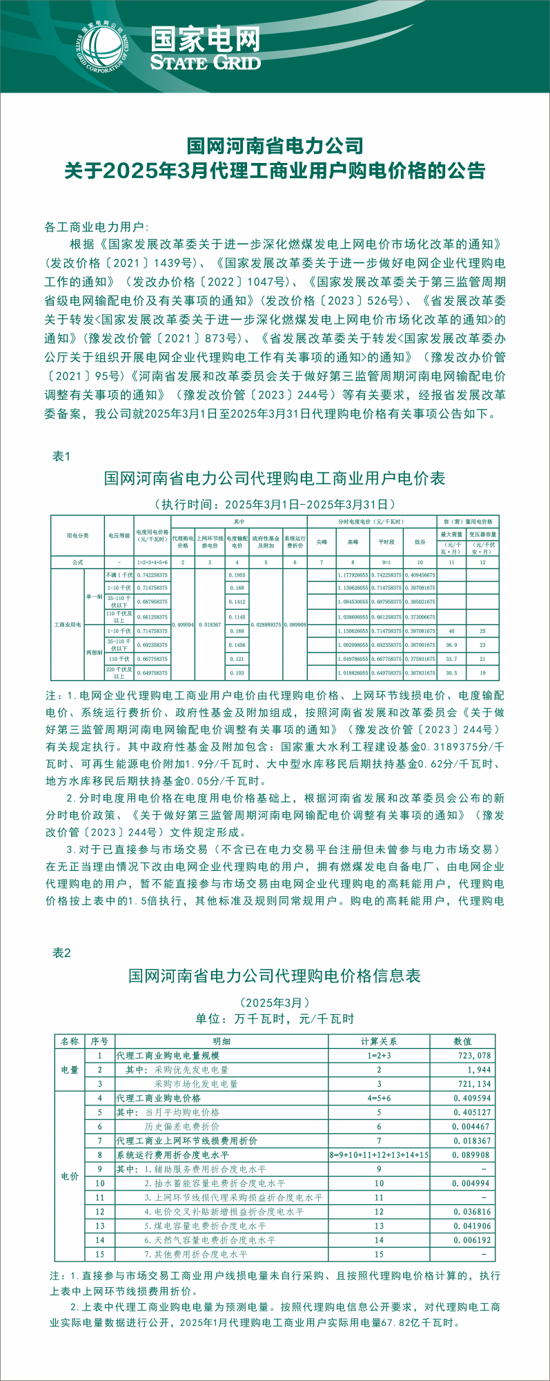 2025年3月代理购电价格公示表公示