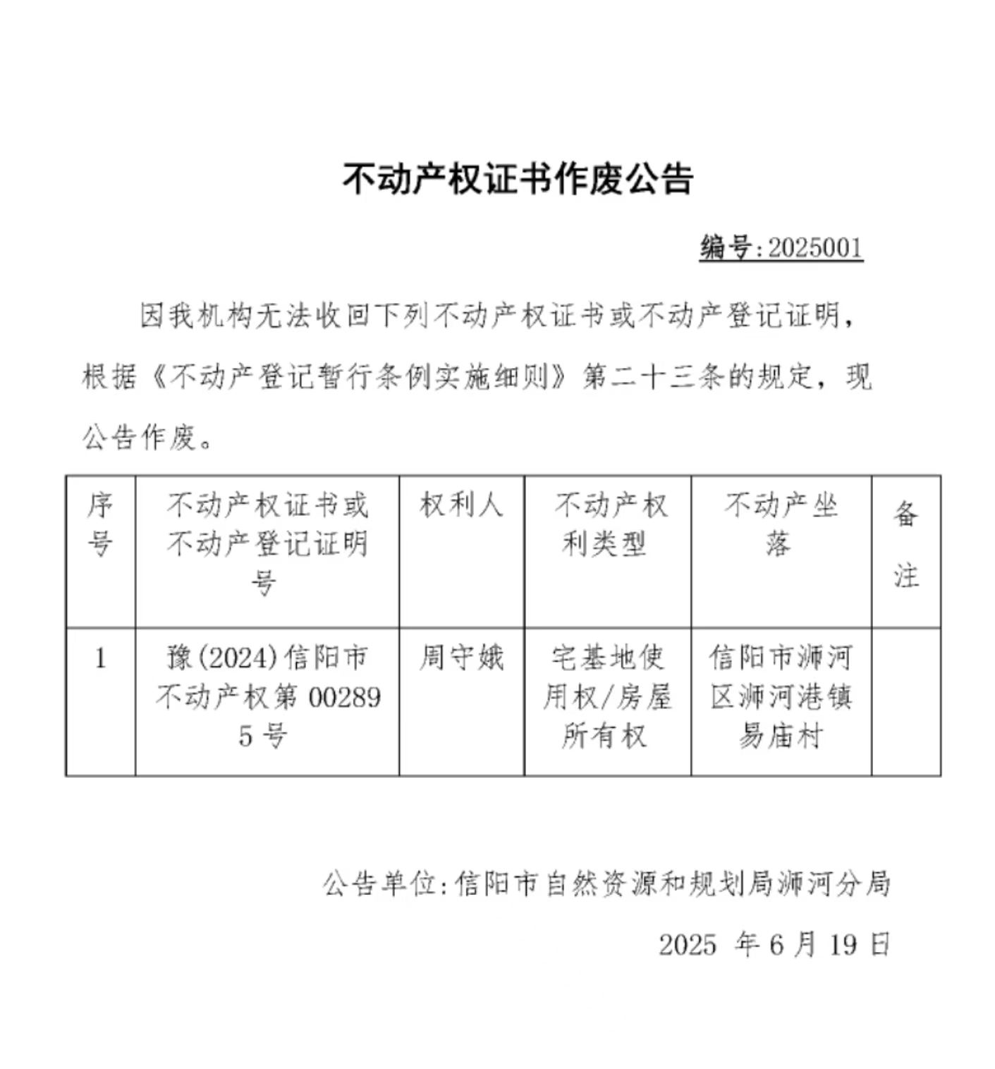 不动产权证书作废公告（周守娥）