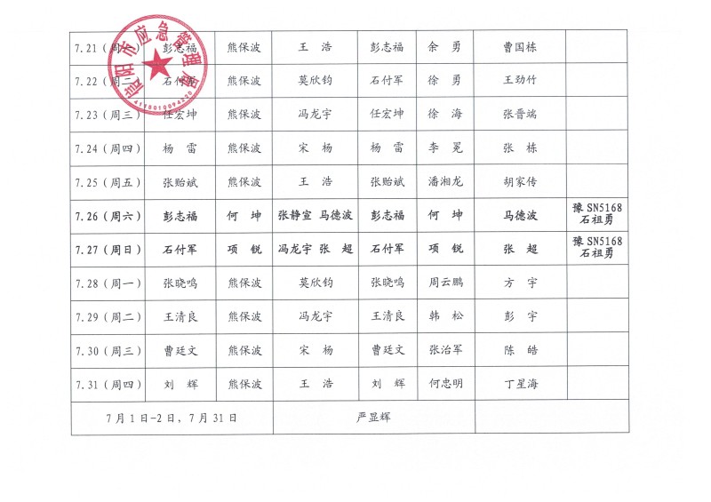 2025年7月份值班安排表