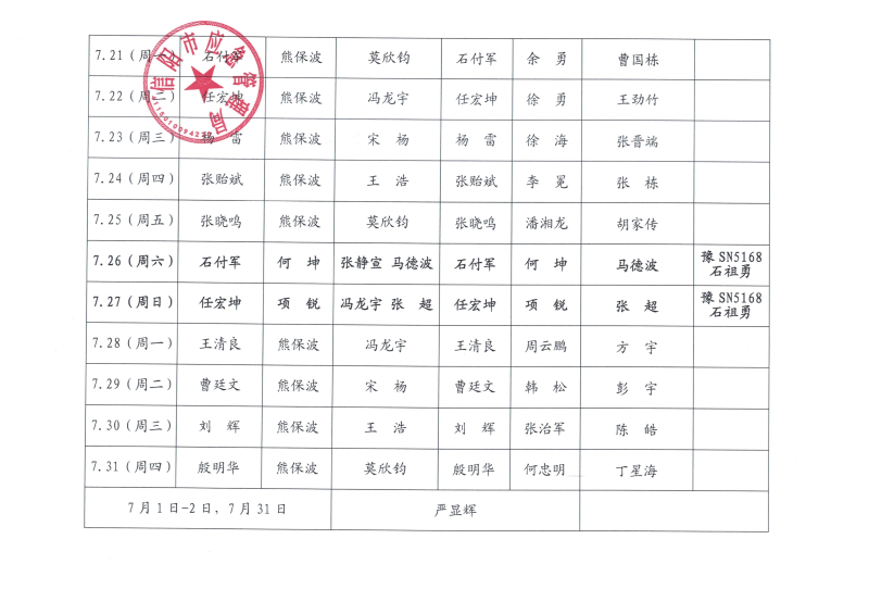 2025年7月份值班安排表