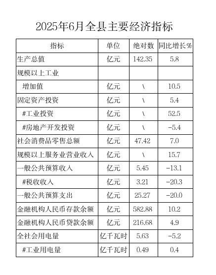 2025年6月全县主要经济指标