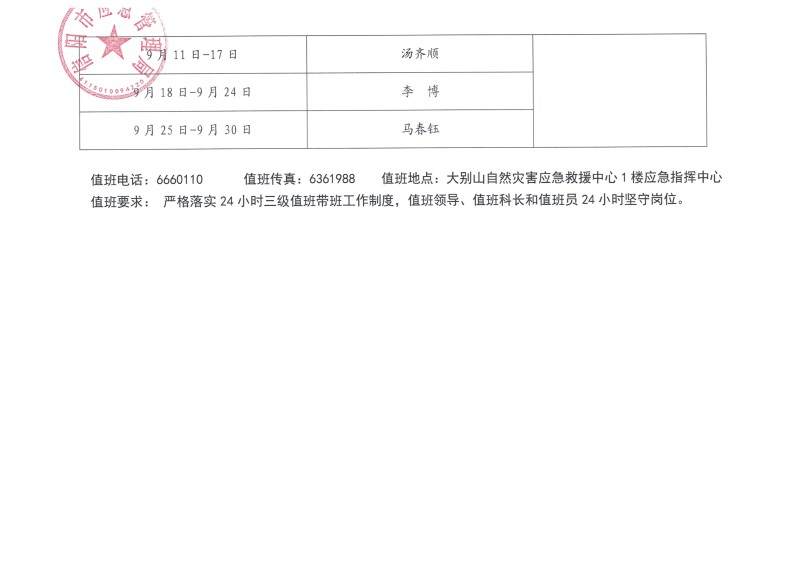 2025年9月份值班安排表
