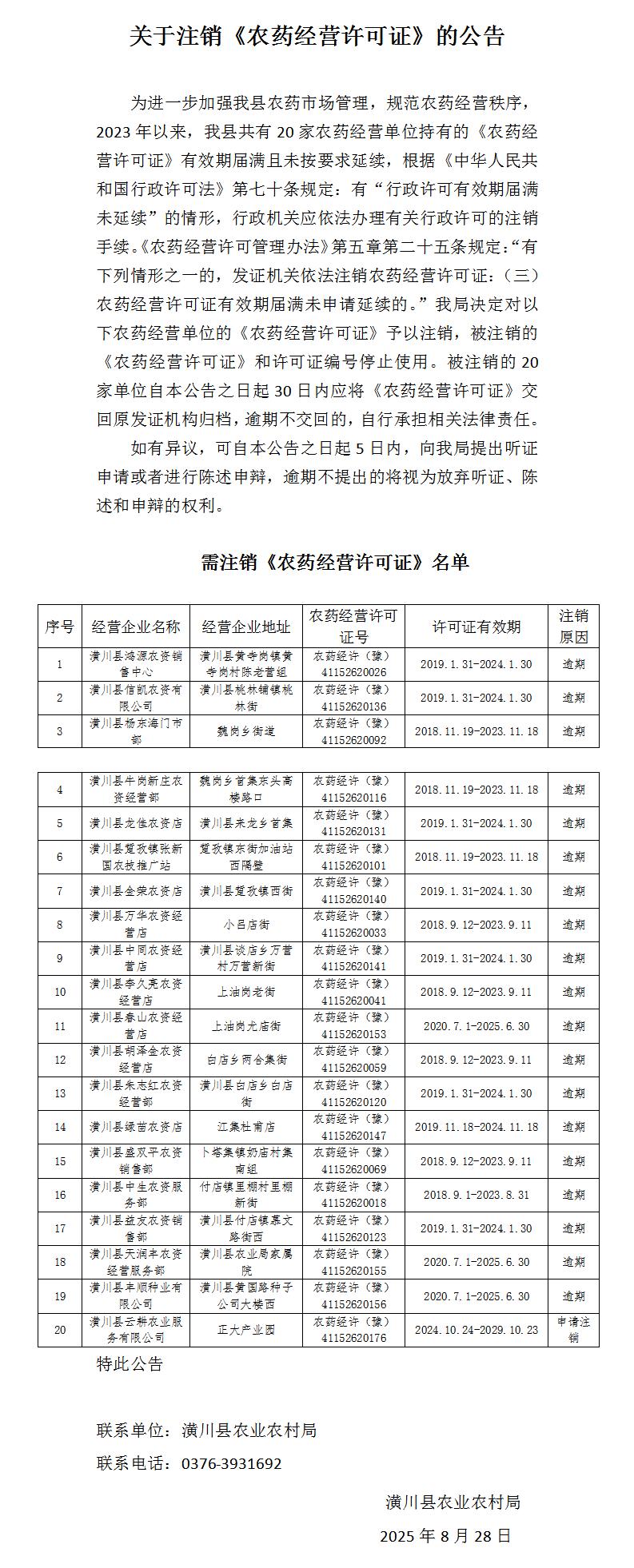 关于注销《农药经营许可证》的公告