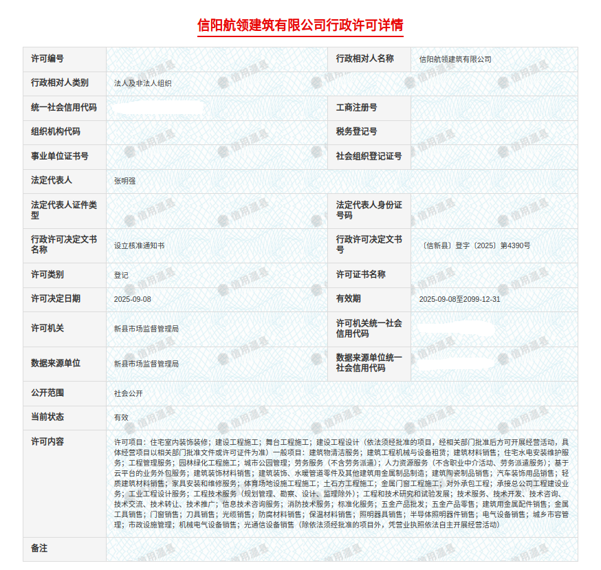 信阳岑岳建筑工程有限公司行政许可