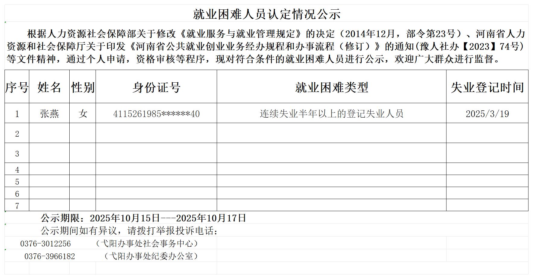 就业困难人员认定情况公示