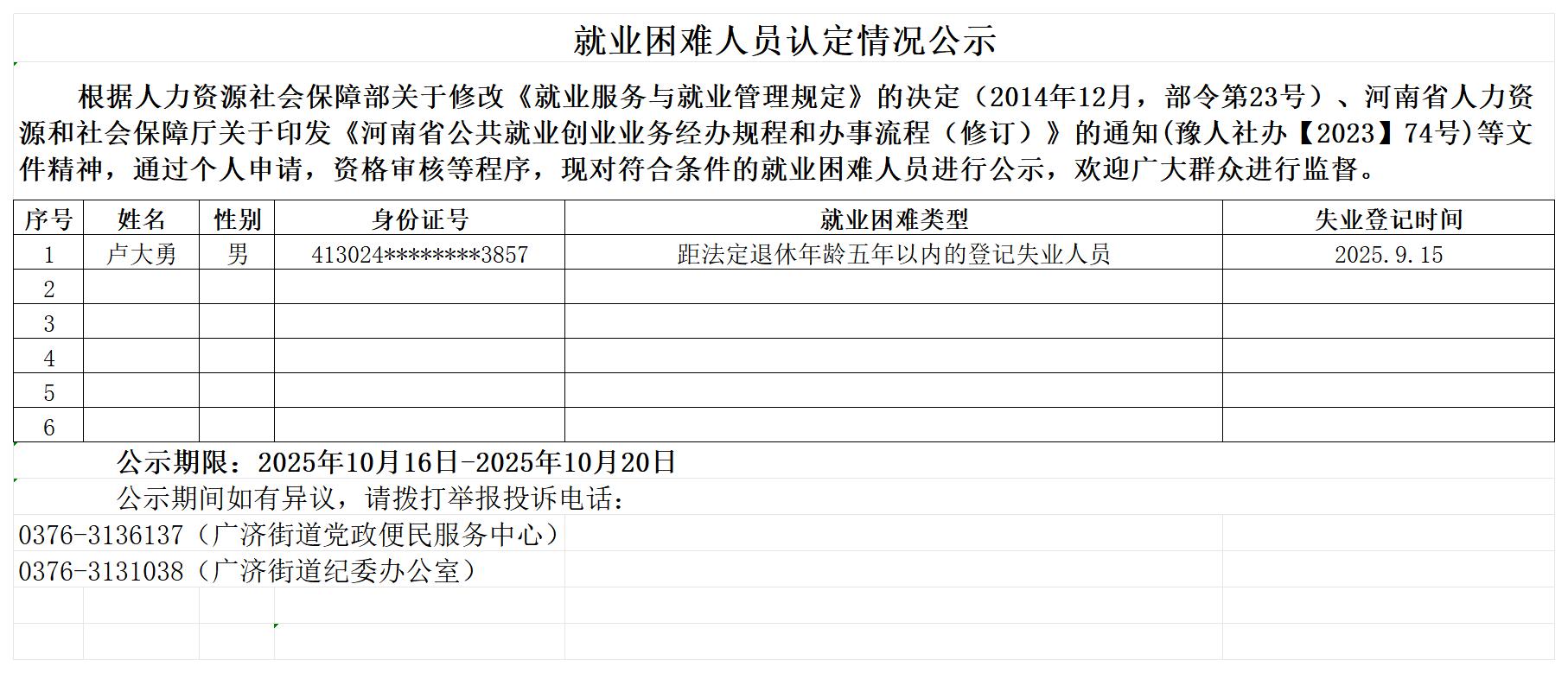 就业困难人员认定情况公示