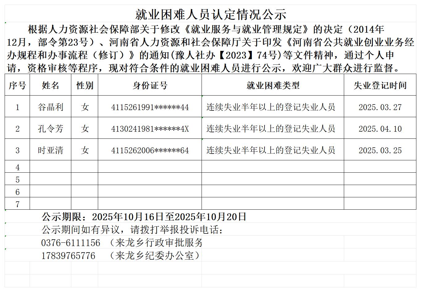 就业困难人员认定情况公示
