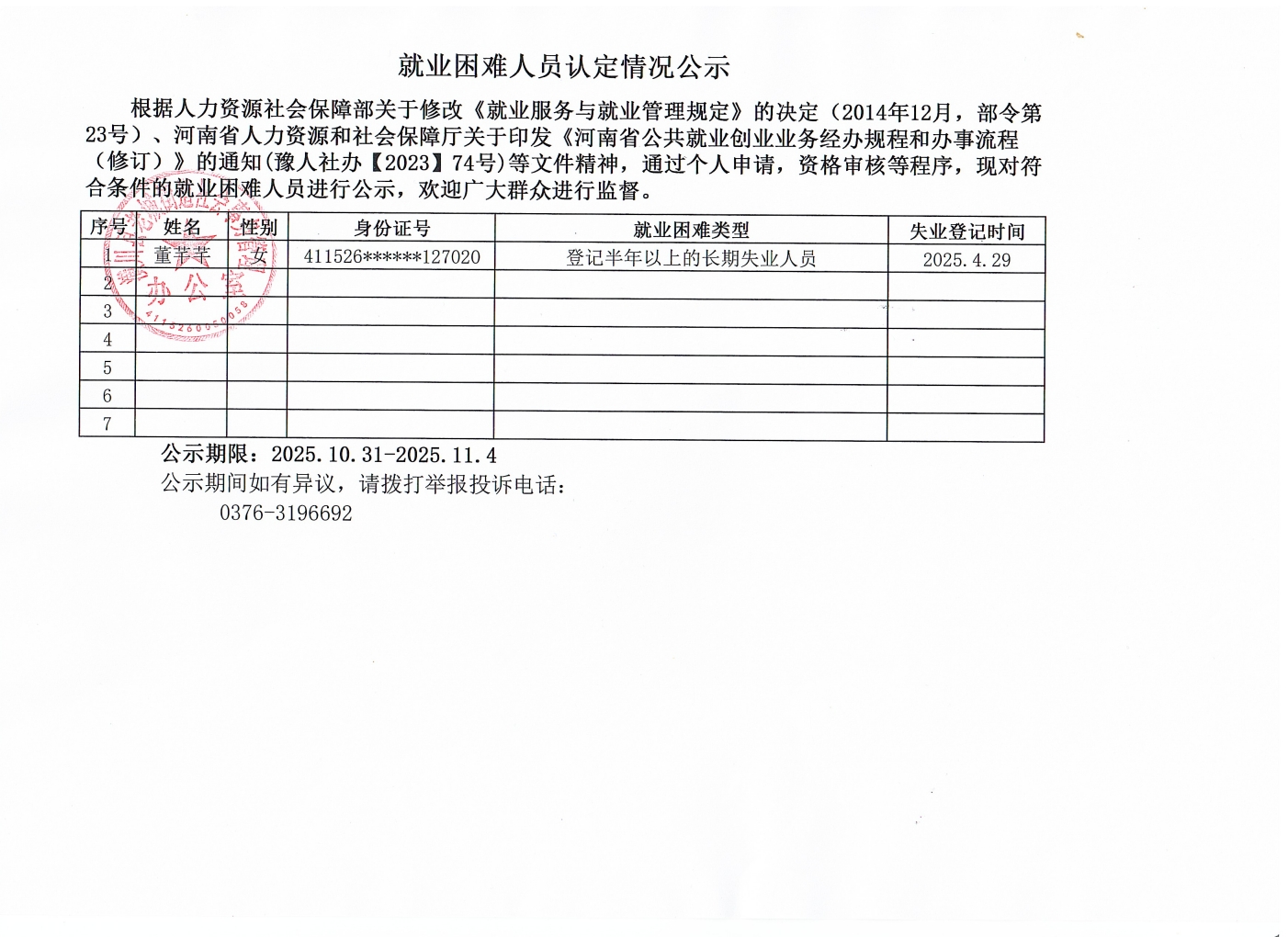 老城街道办事处就业困难人员认定情况公示