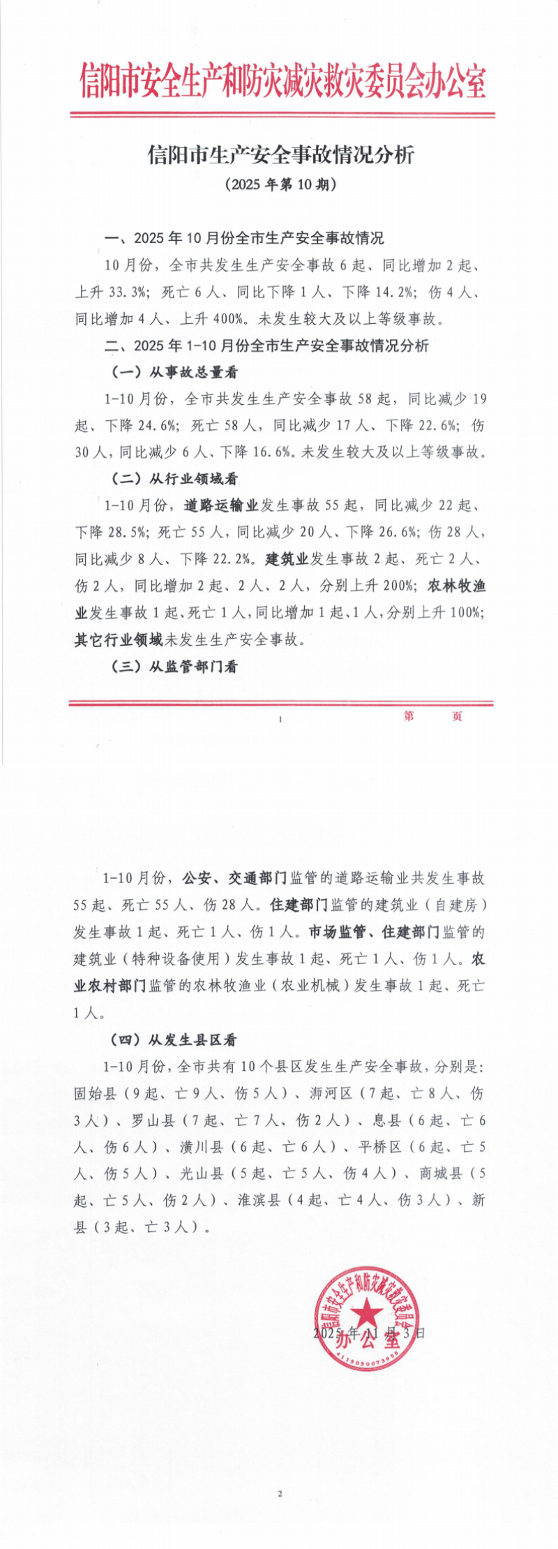 信阳市生产安全事故情况分析（2025年第10期）