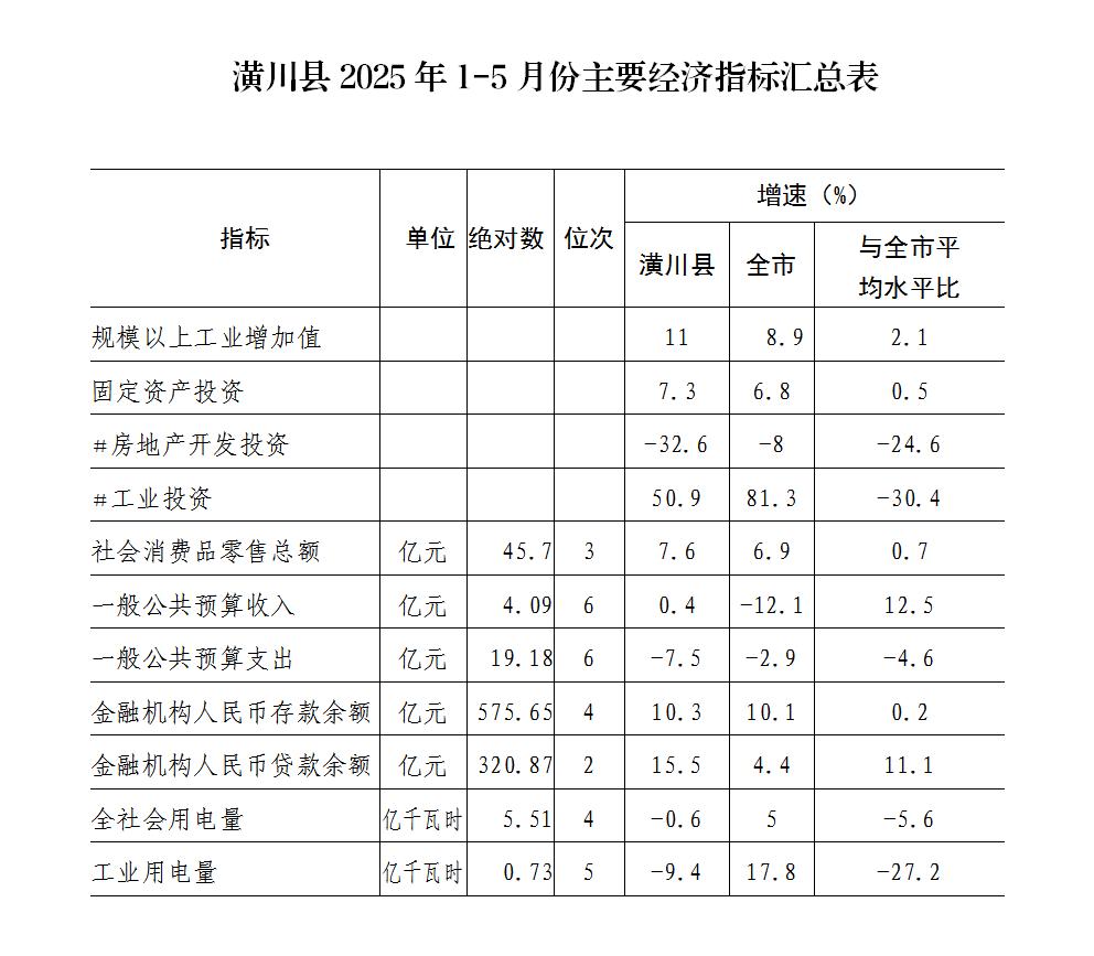 潢川县2025年1-5月份主要经济指标汇总表