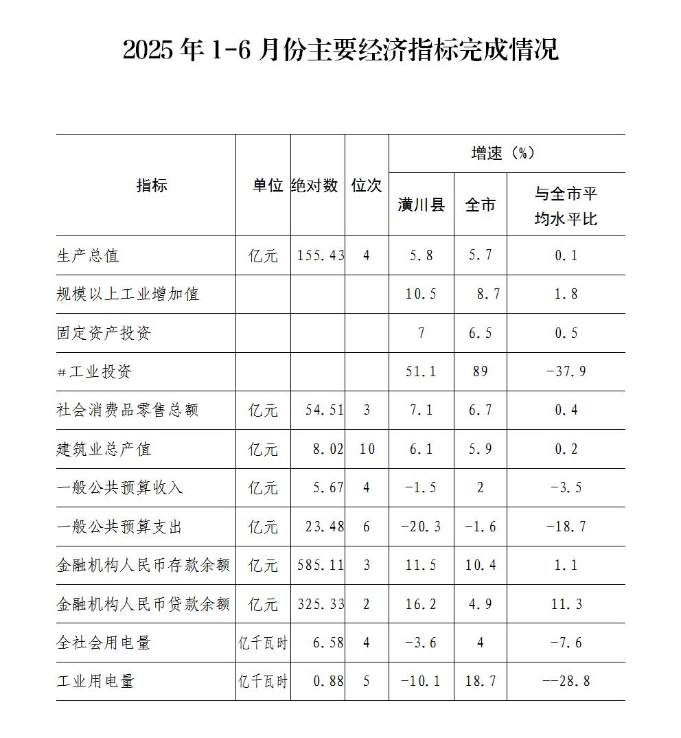 2025年1-6月份主要经济指标完成情况