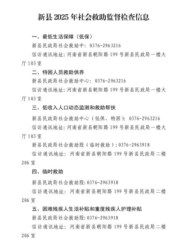 新县2025年社会救助监督检查信息