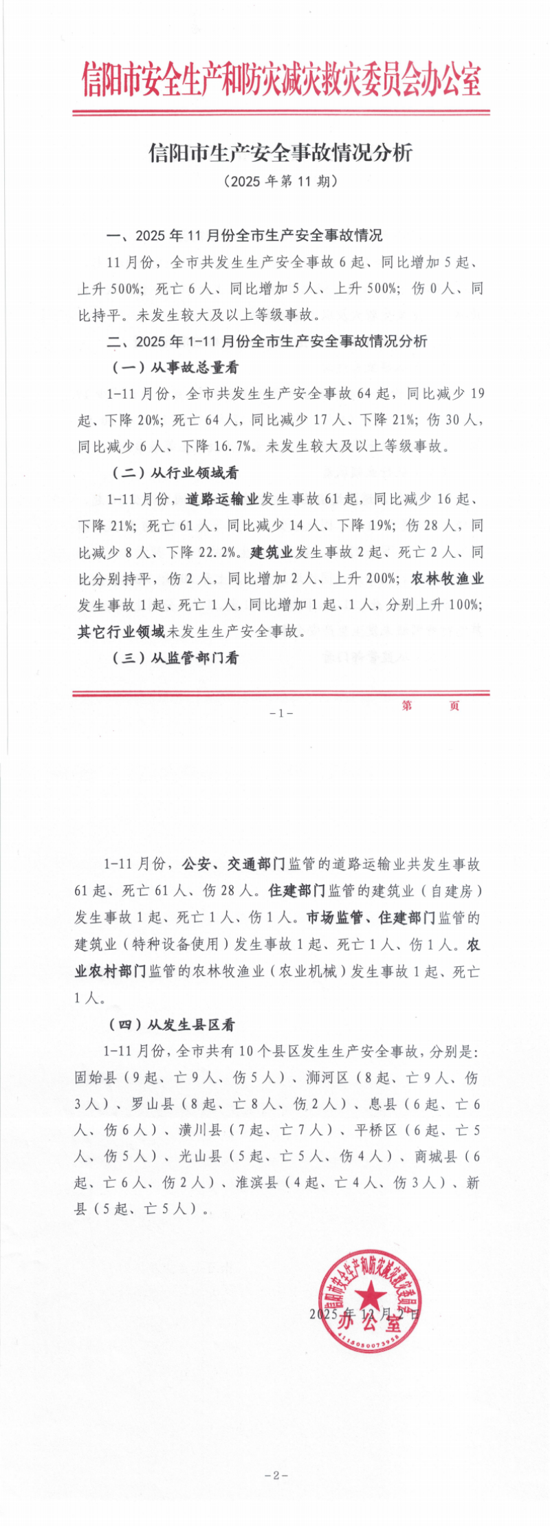 信阳市生产安全事故情况分析（2025年第11期）