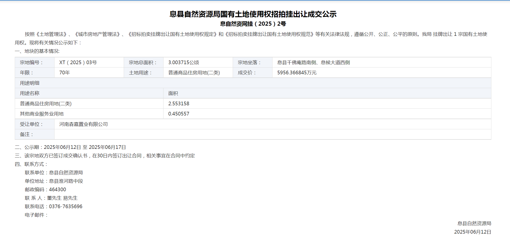 息县自然资源局国有土地使用权招拍挂出让成交公示
