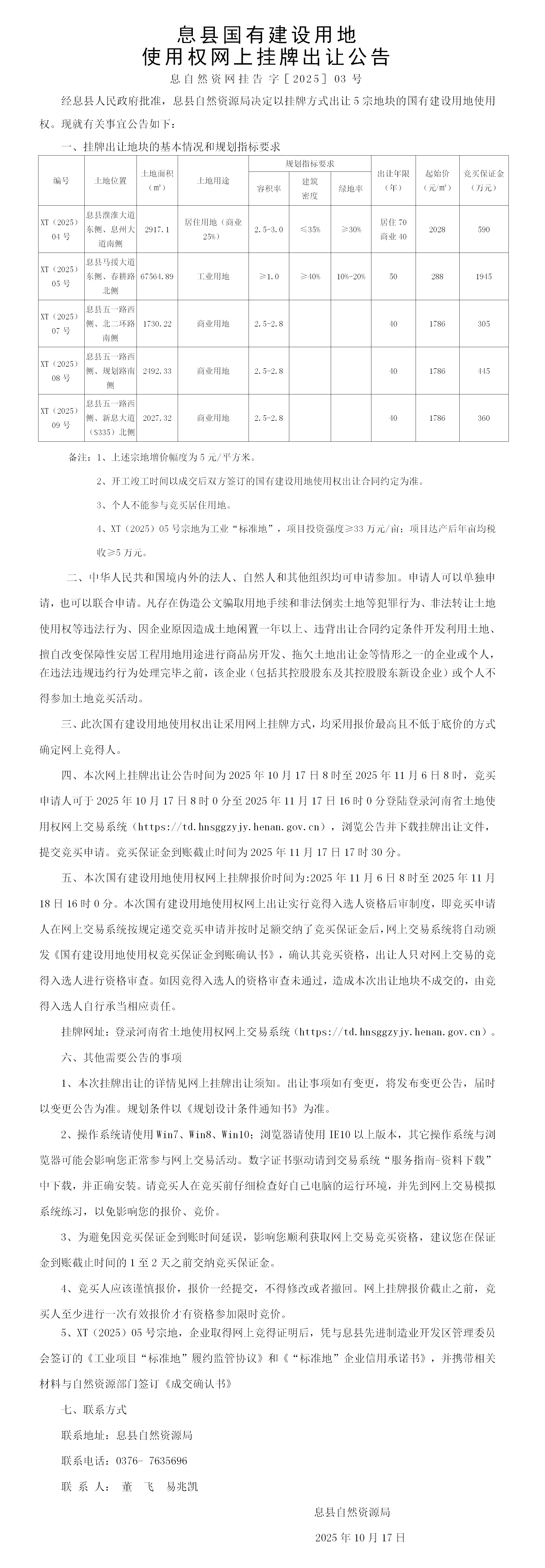 息县国有建设用地使用权网上挂牌出让公告