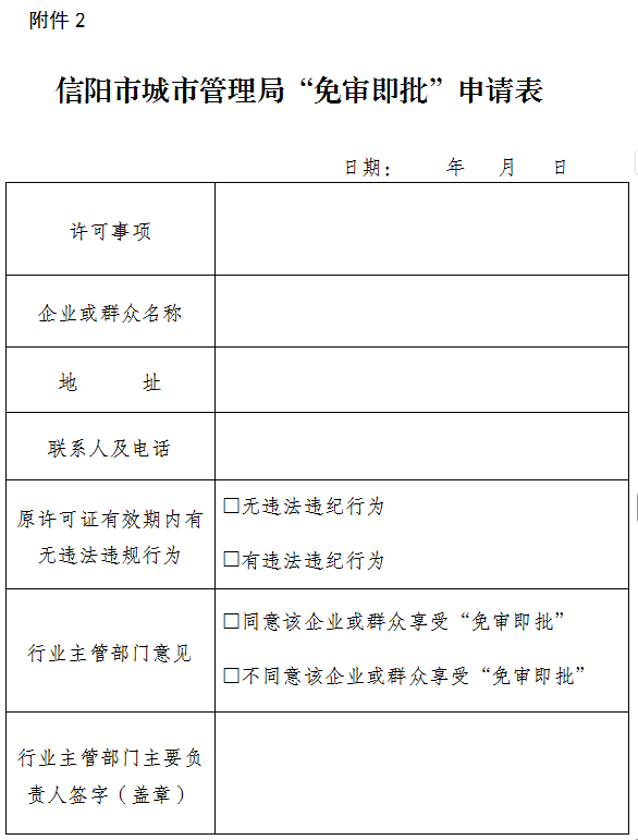 关于印发《信阳市城市管理领域政务审批 事项“免审即批”实施方案》的通知