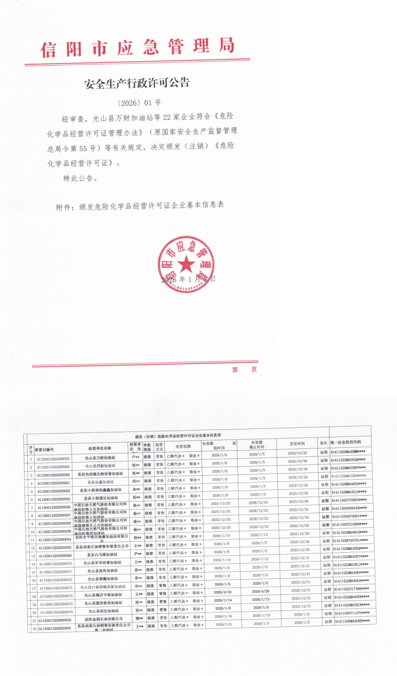 安全生产行政许可公告〔2026〕01号