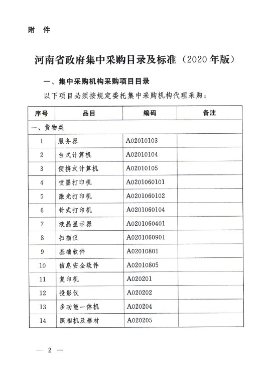 5. 河南省财政厅关于印发河南省政府集中采购目录及标准（2020年版）的通知