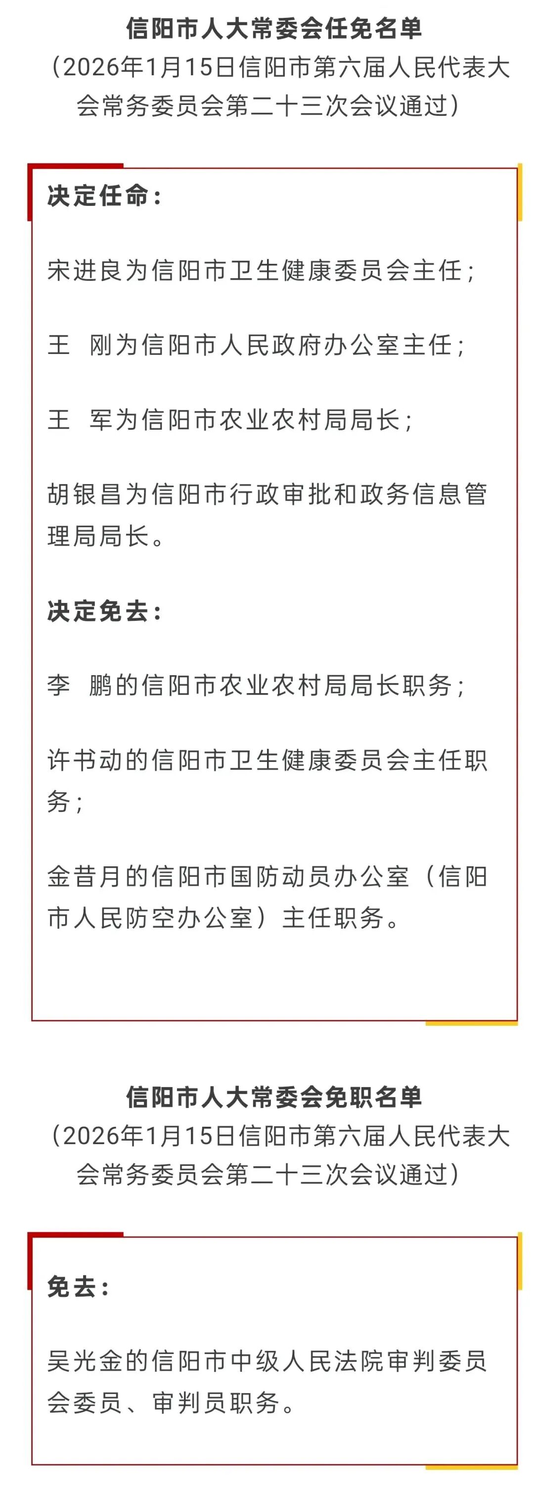 信阳市人大常委会任免名单