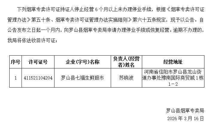 长期未经营公告（2026.3.16）