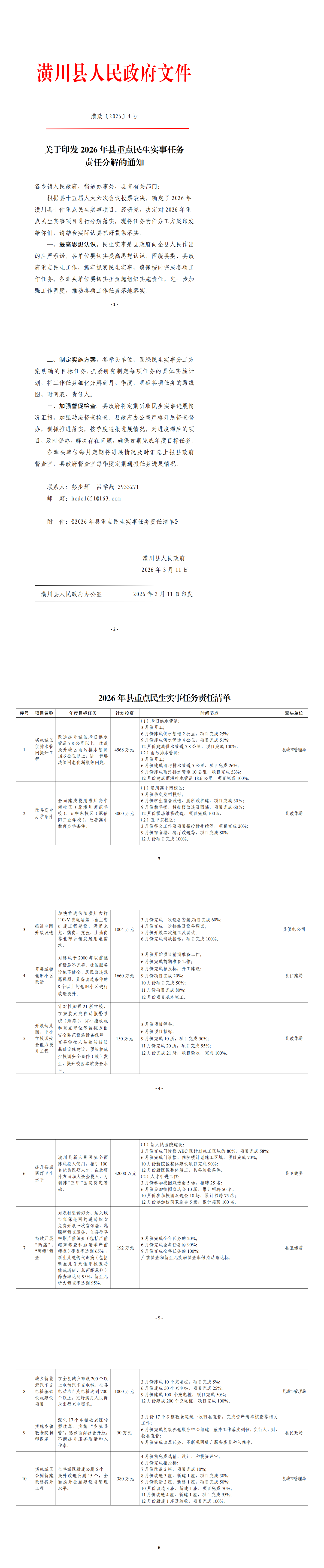 潢川县人民政府关于2026年县重点民生实事任务责任分解的通知