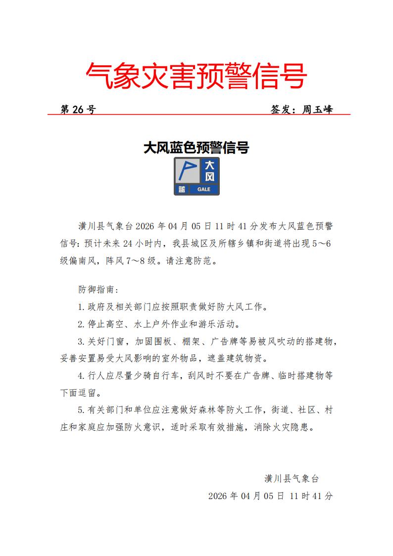 〔气象灾害预警〕大风蓝色预警[IV级/一般]