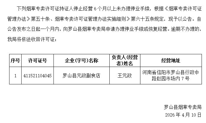 长期未经营公告（2026.4.10）