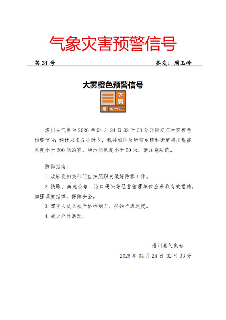 〔气象灾害预警〕大雾橙色预警[II级/严重]