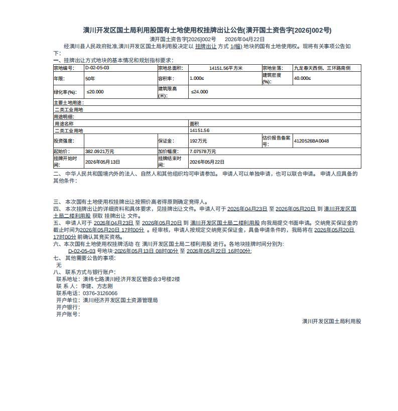 潢川开发区国土局利用股国有土地使用权挂牌出让公告(潢开国土资告字[2026]002号)