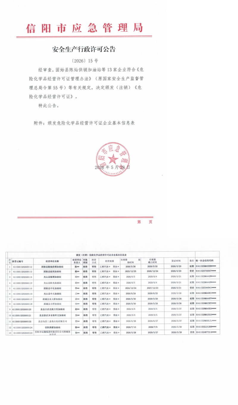 安全生产行政许可公告〔2026〕15号