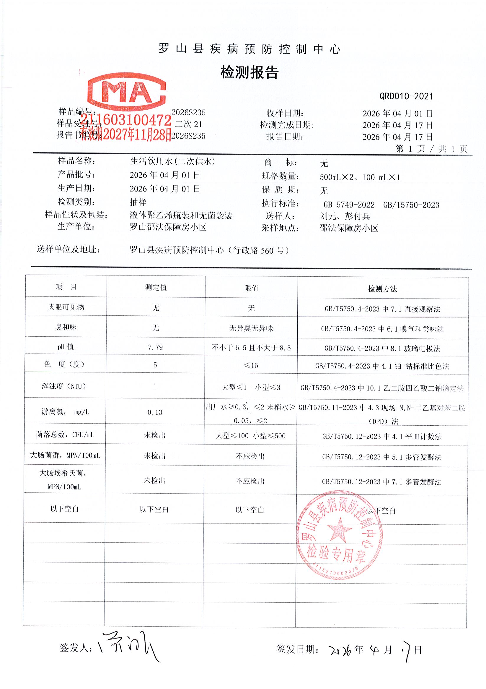 信阳市罗山县龙头水水质检测信息公示（2026年第二季度）