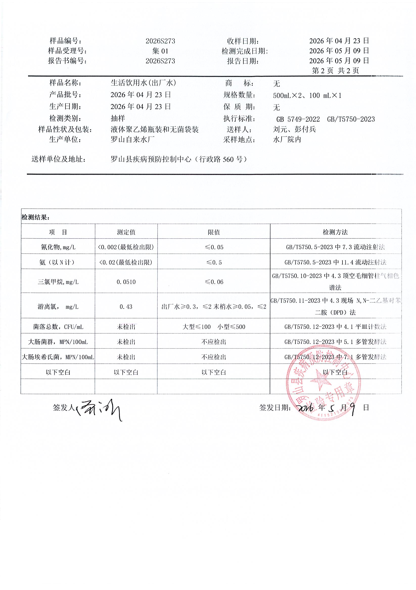 信阳市罗山县龙头水水质检测信息公示（2026年第二季度）