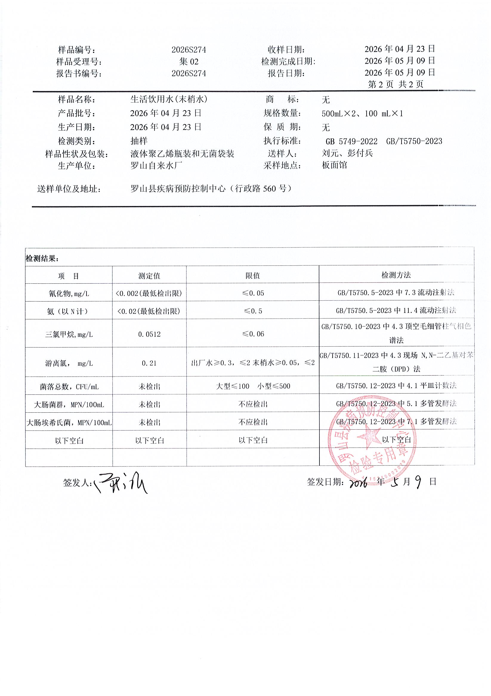 信阳市罗山县龙头水水质检测信息公示（2026年第二季度）