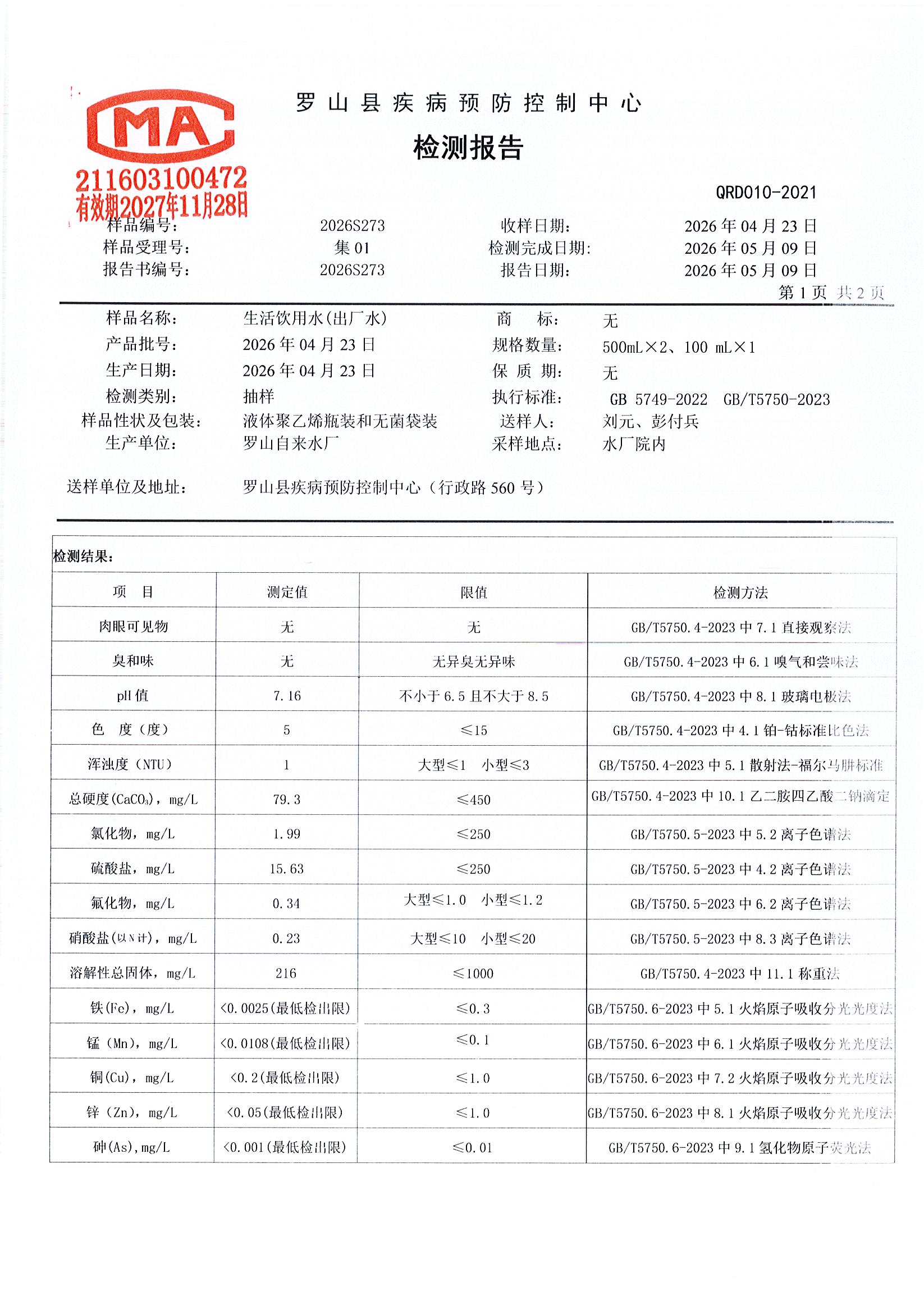 信阳市罗山县龙头水水质检测信息公示（2026年第二季度）