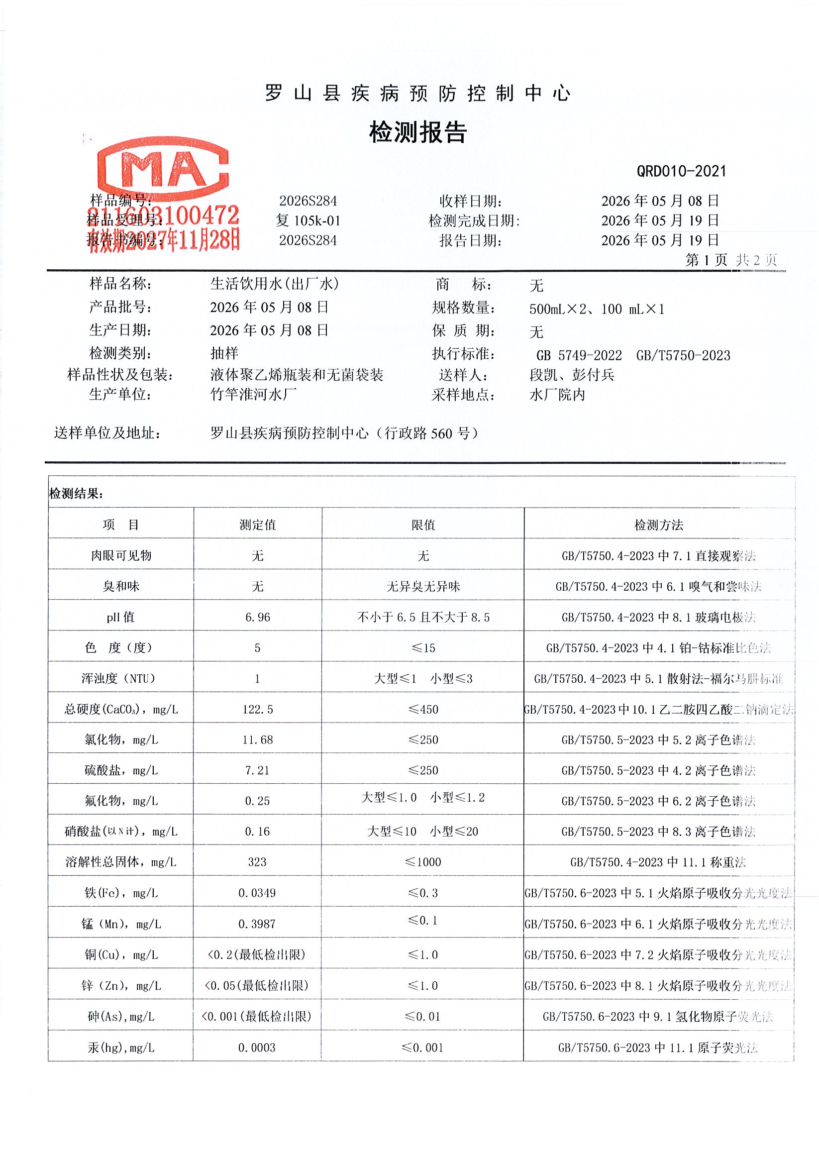 信阳市罗山县龙头水水质检测信息公示（2026年第二季度）