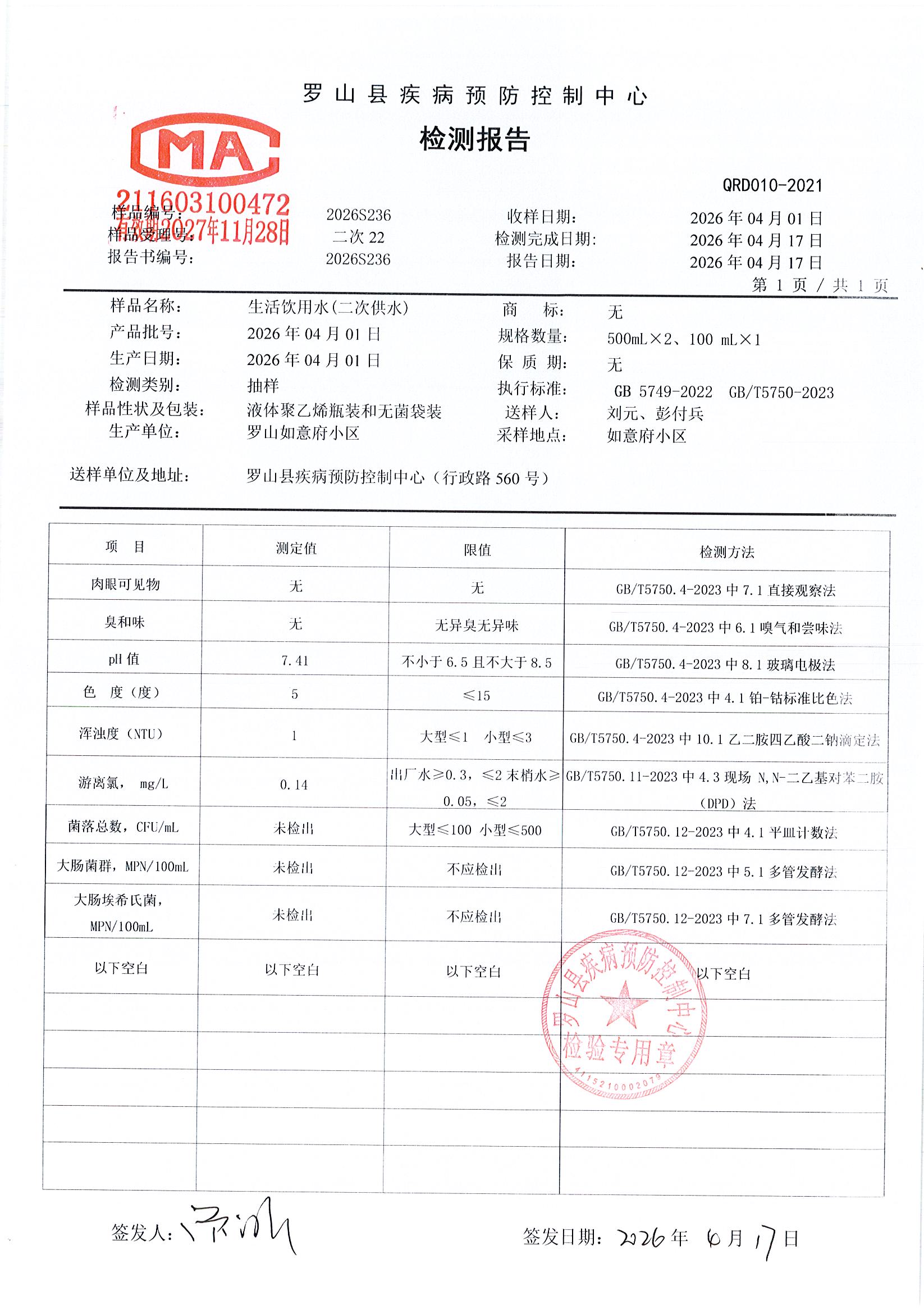信阳市罗山县龙头水水质检测信息公示（2026年第二季度）