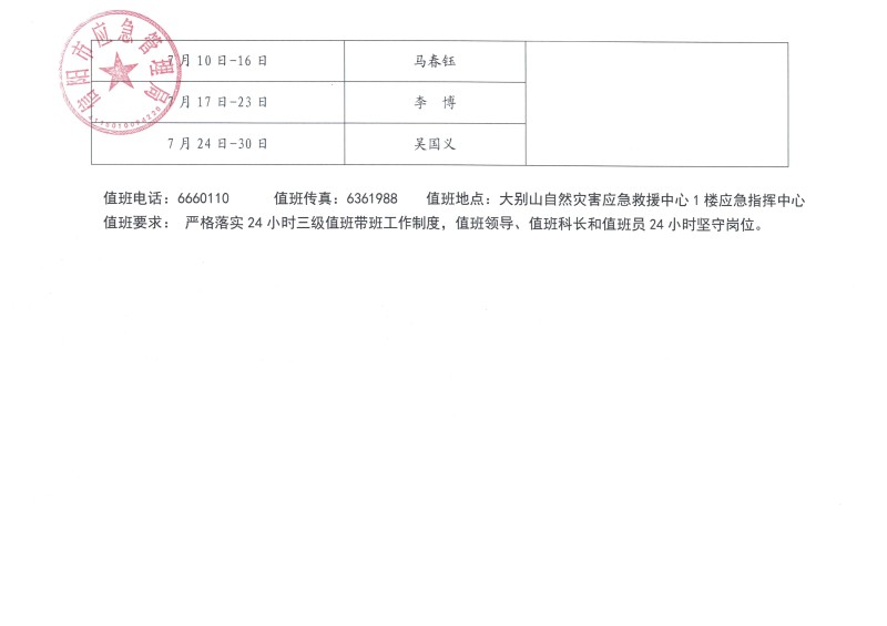 市应急管理局2026年7月份值班安排表