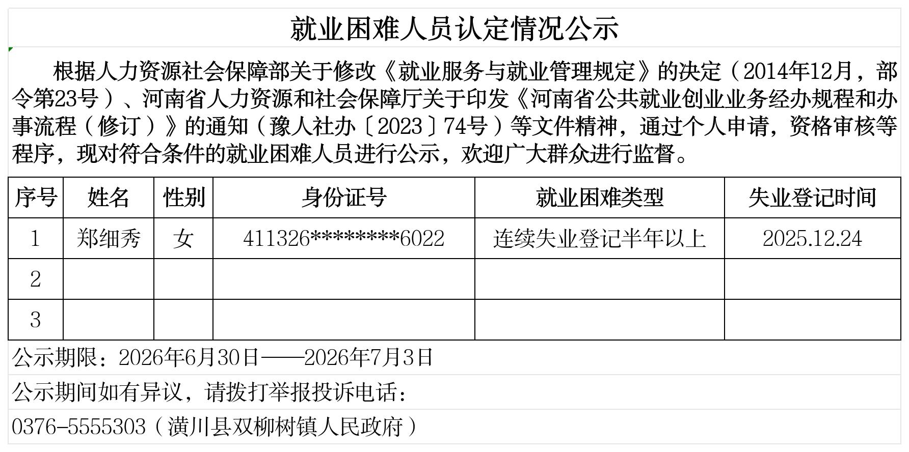 双柳树镇就业困难人员认定情况公示