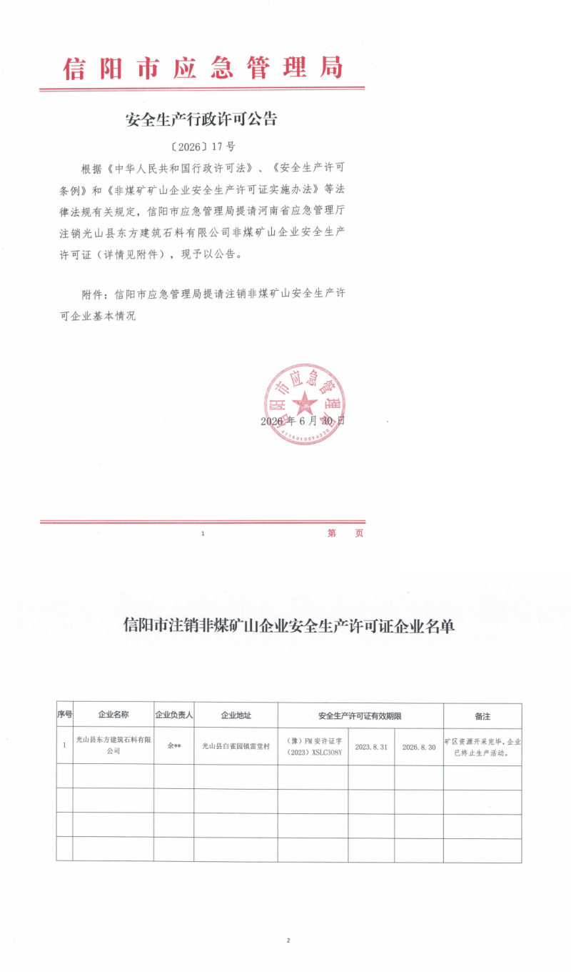 安全生产行政许可公告〔2026〕17号（非煤矿山）
