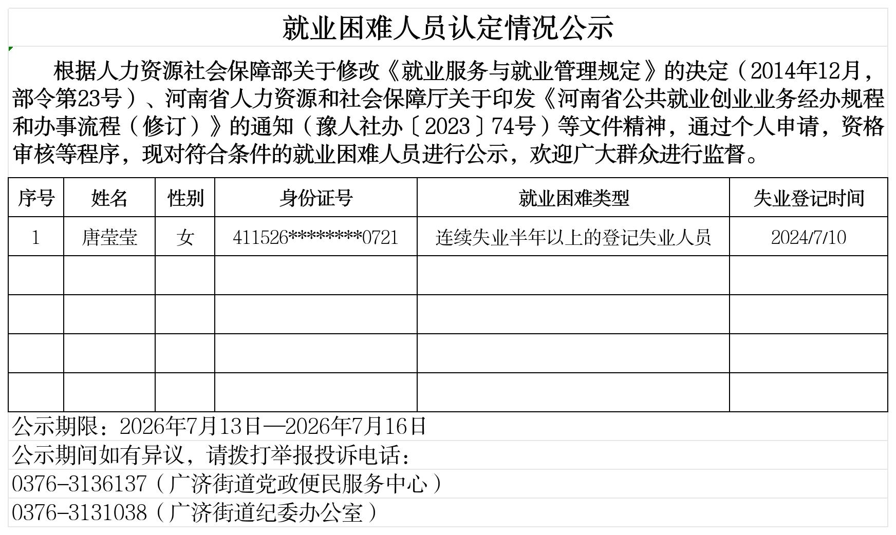 广济街道办事处就业困难人员认定情况公示