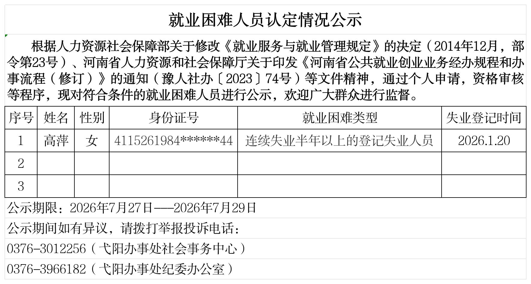 弋阳街道办事处就业困难人员认定情况公示