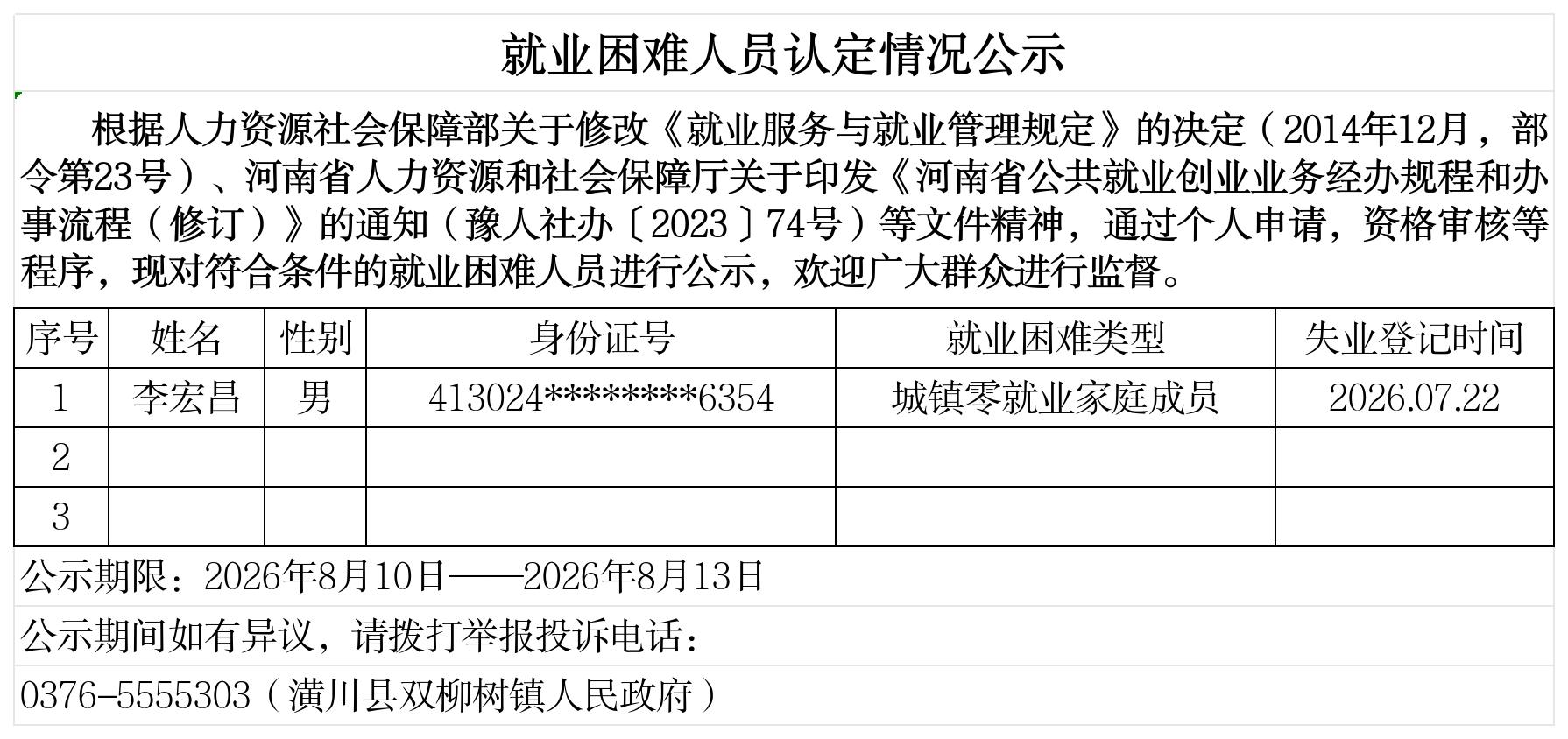 双柳树镇就业困难人员认定情况公示