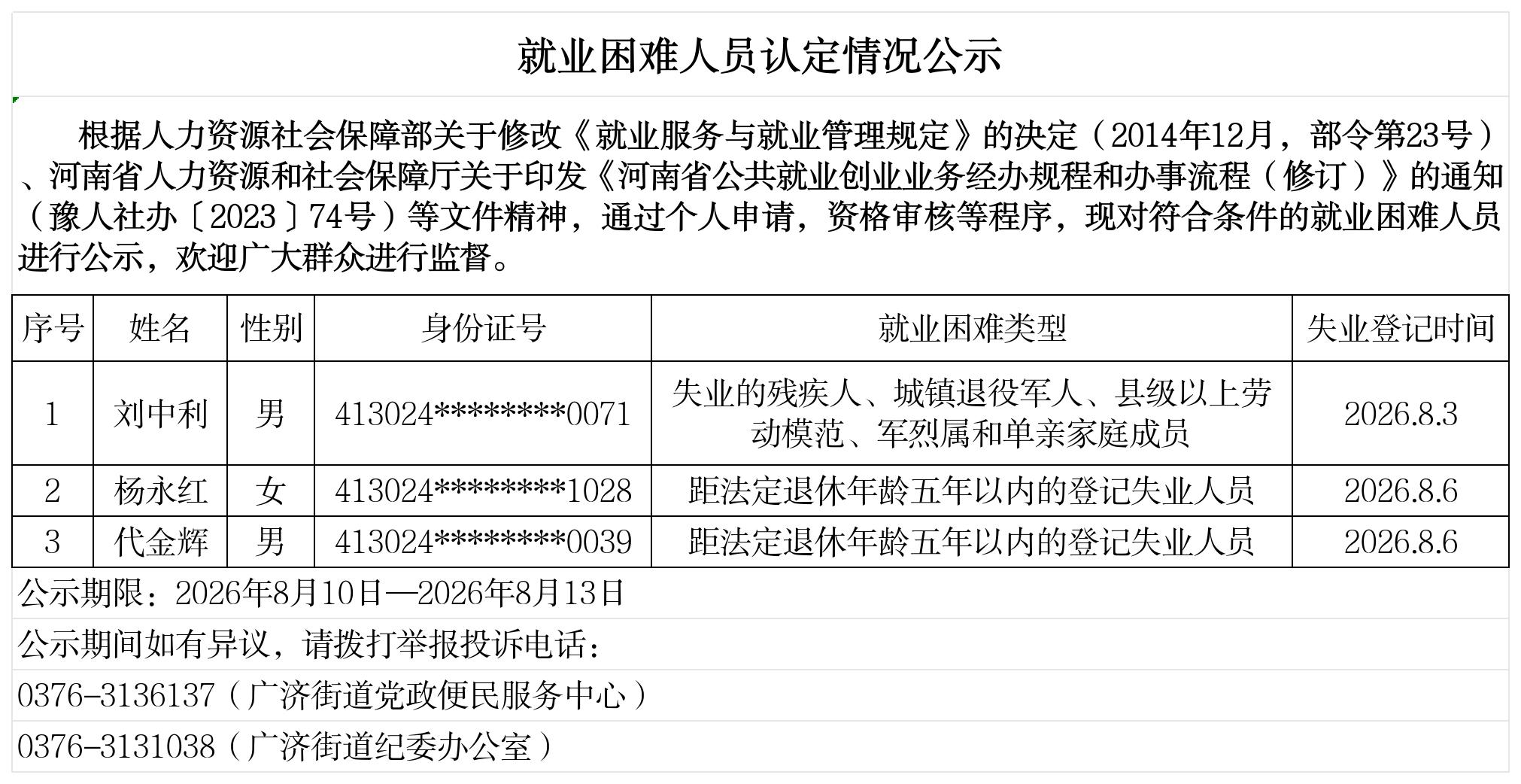 广济街道办事处就业困难人员认定情况公示